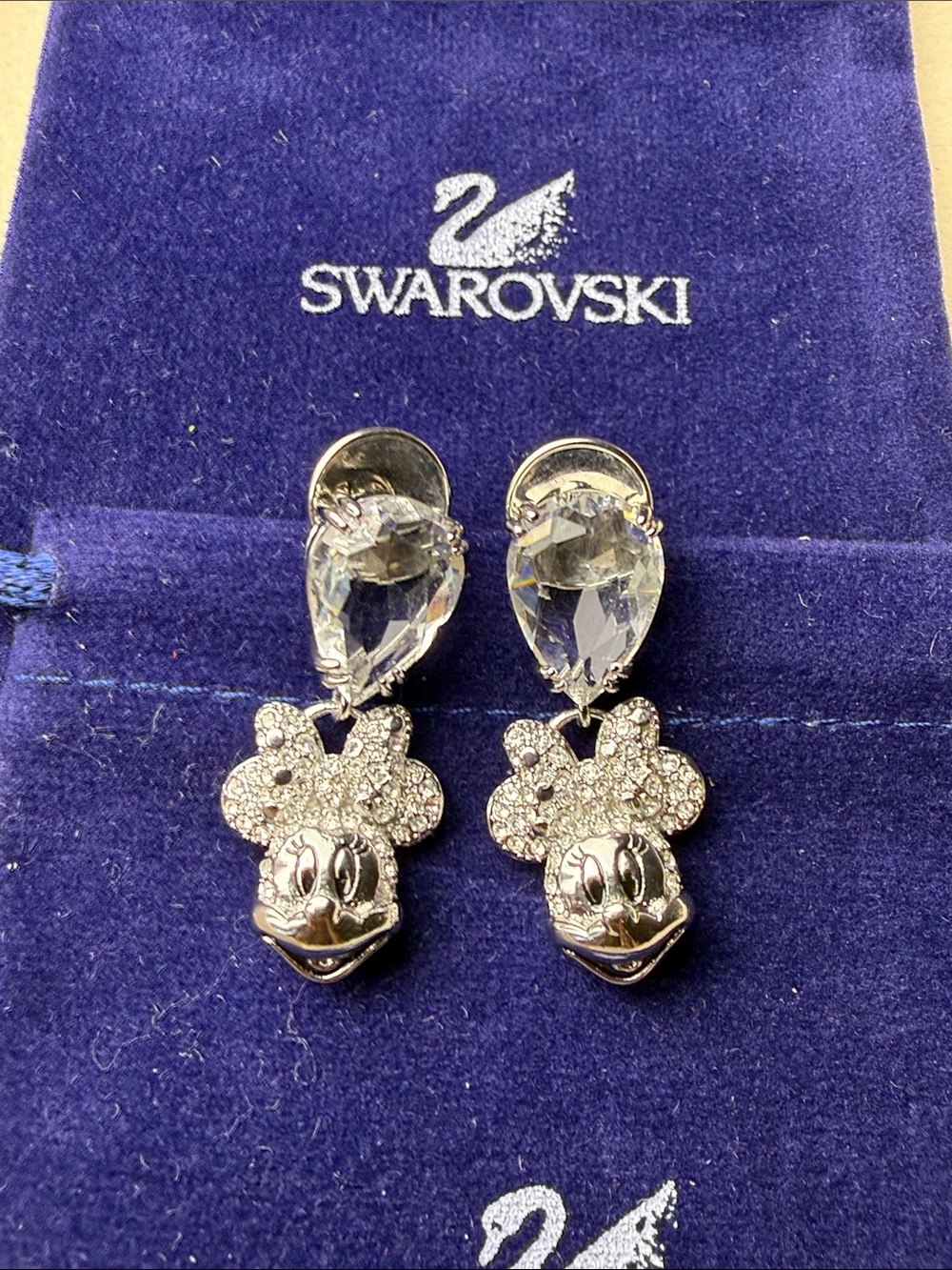 Swarovski Silver-Tone Clear Crystal Minnie Mouse Drop Earrings